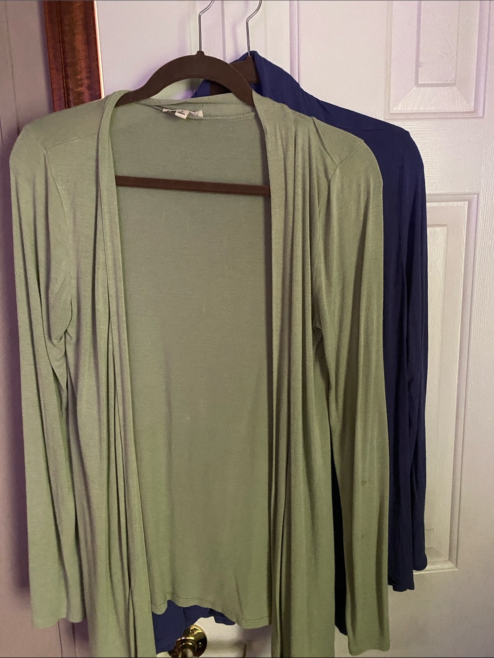 Zenana Outfitters Sage Open Cardigan and Blue Front of Closet open Cardigan